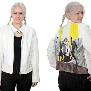 Britney Inspired Hand-Painted Faux Leather Jacket White Large